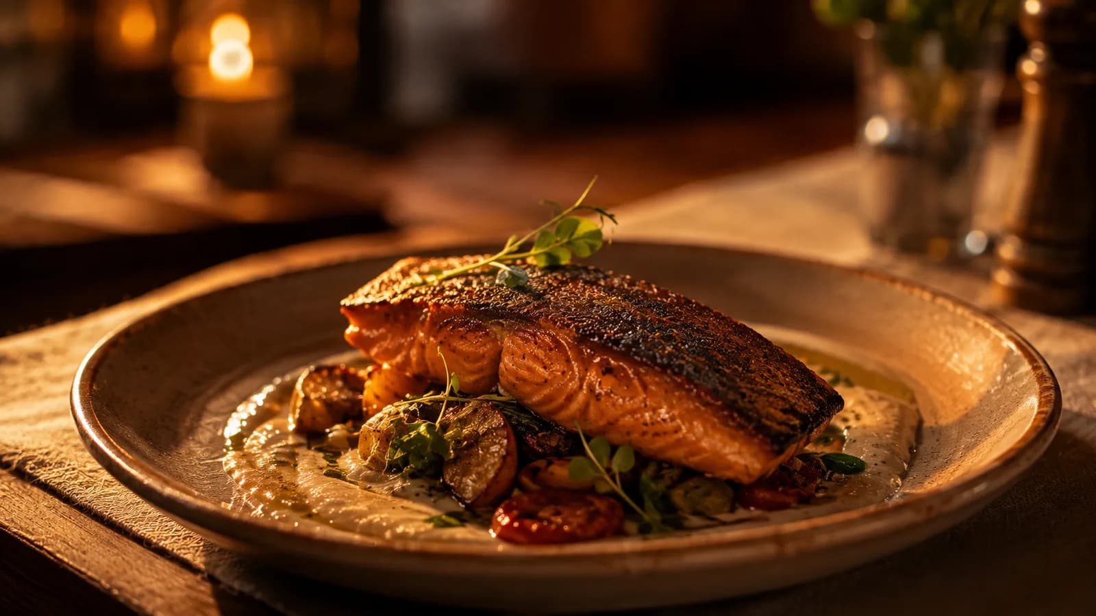 A plated fish dish on a ceramic plate in a warm dining room