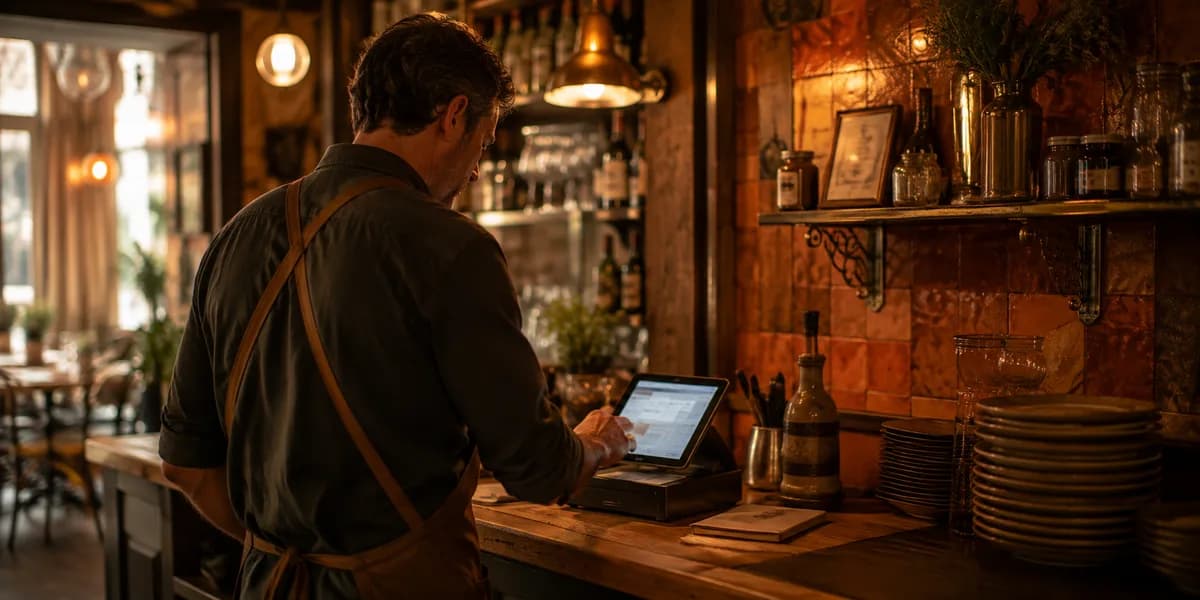 An owner working at the counter of a small restaurant